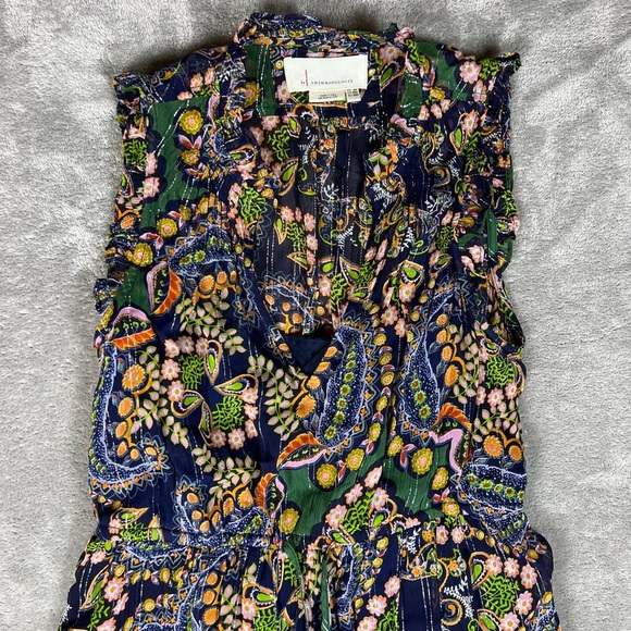 Anthropologie Dress Womens 00P Elmira Ruffle Shimmer Boho Paisley Colorful Midi - Picture 6 of 8